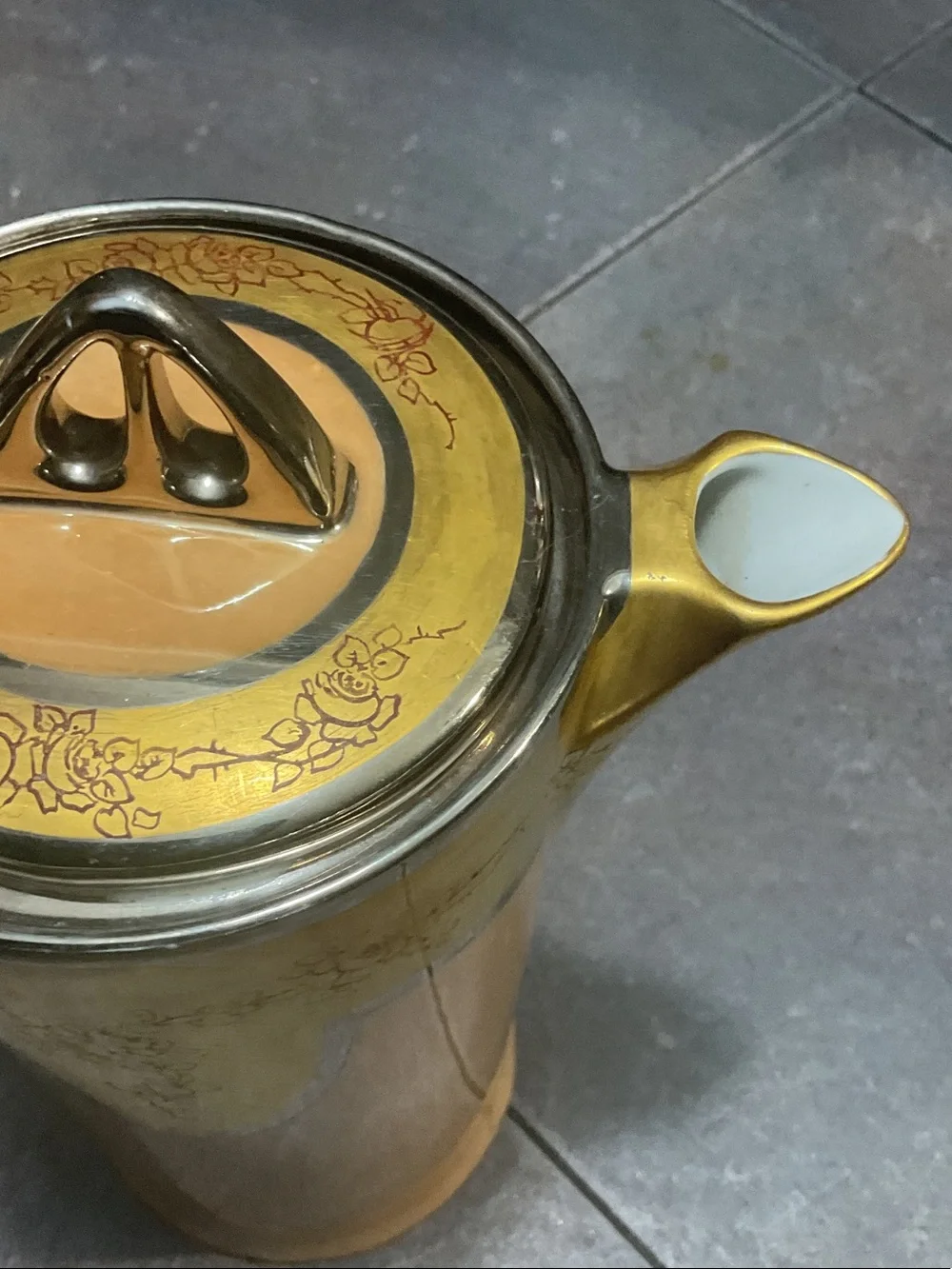 Yellow Ceramic Coffee/Tea Pot with Metallic Trim